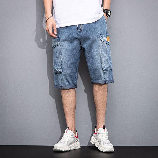 

fashion drawstring elastic waist short jeans 2021 summer big pocket calf-length casual pants denim overalls cargo male brand men's, Blue