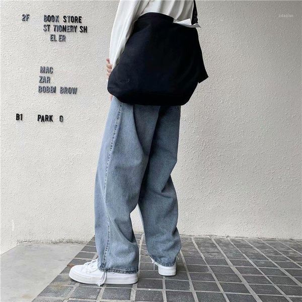 

men's jeans men solid drawstring denim full length straight loose males all-match trendy punk baggy retro leisure chic cowboy trousers, Blue