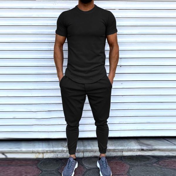 

men's tracksuits summer fashion casual track suit beach sportswear short-sleeved t-shirt 2-piece set + long pants large size, Gray