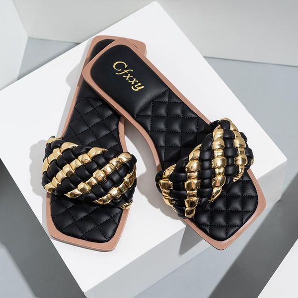 

women slides slippers flat heel sandals golden red woven pu leather indoor shoes plus size 42 fashion house, Black
