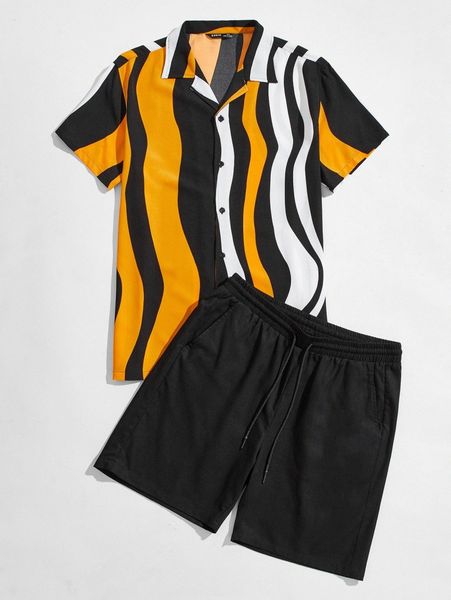 

men color block shirt & drawstring waist shorts set u7ei#, Gray