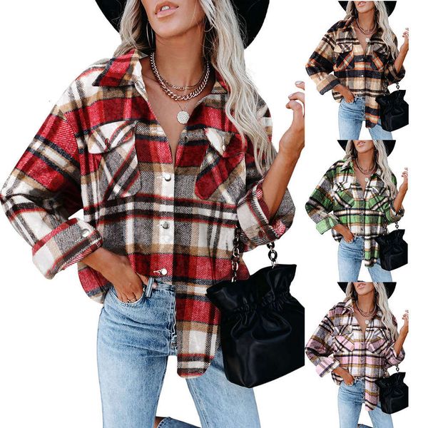 

autumn winter plaid shirt woolen coat, Black;brown