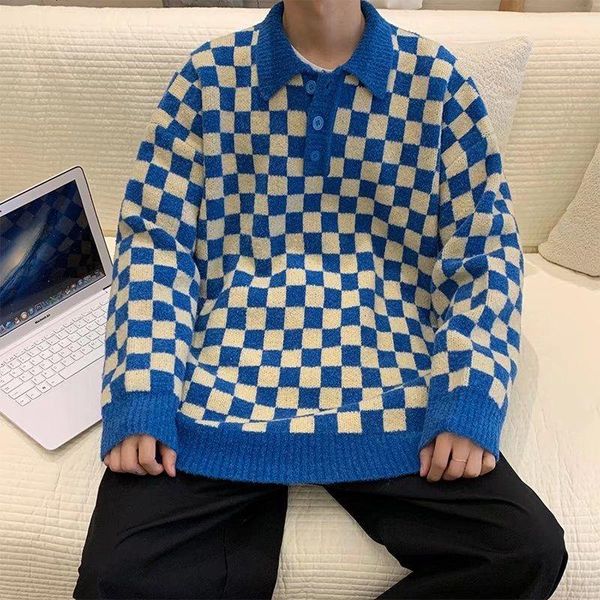 

men's sweaters lapel plaid sweater men warm fashion casual knitted pullover korean loose long-sleeved mens jumper clothes -2xl, White;black