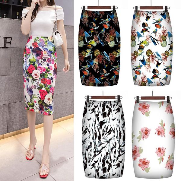 

skirts ready stock fashion women elastic high waist pencil midi skirt printed floral print, Black