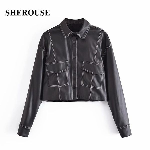 

women's leather & faux sherouse women fashion with pockets single breasted solid cropped jacket vintage long sleeve lapel collar female, Black