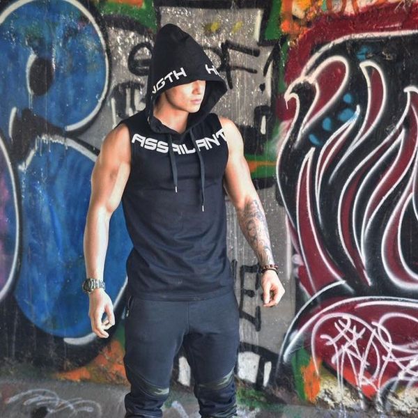

men' mens tank cotton hoodie fitness clothes men trend tees shirt casual vest running athletic, White;black