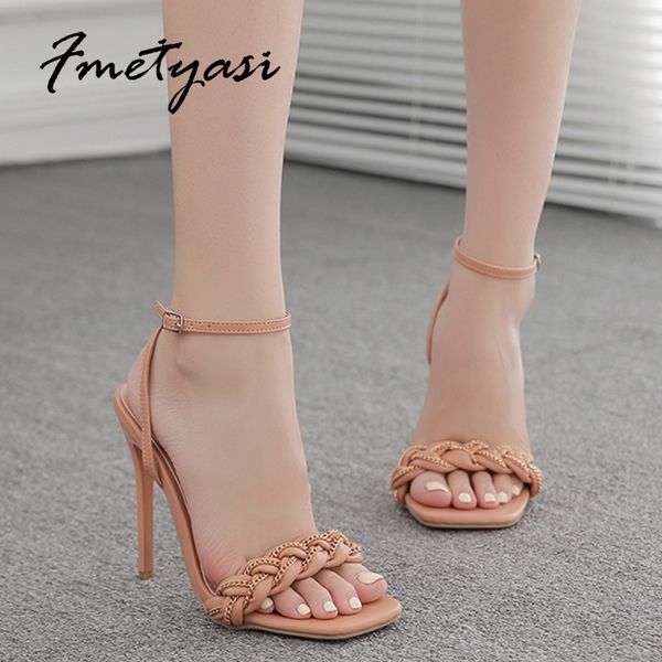 

2022 summer metal weave women sandals peep toe rome strap shoes fashion square toe thin heels, Black