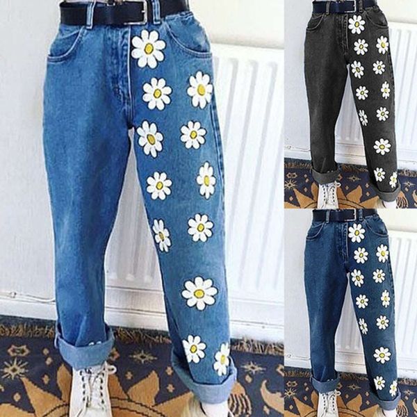 

printed thin denim trousers, Blue