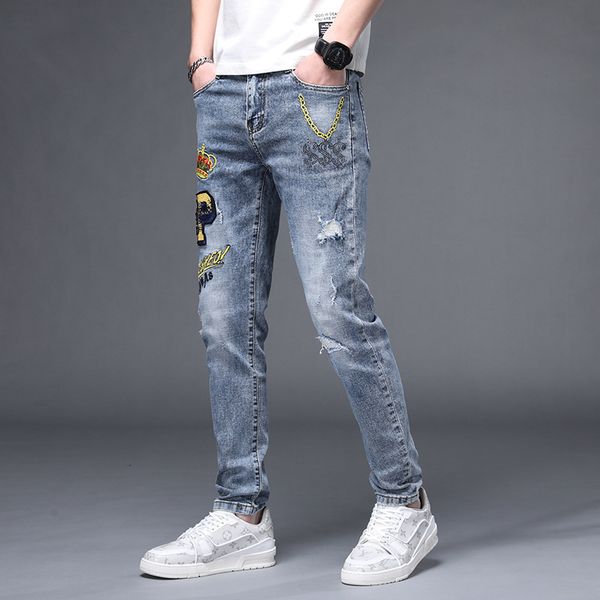 

men's pants spring/summer europe -america in the fashions embroidered men's brim trousers wormholes korean breeches emblem print t, Black