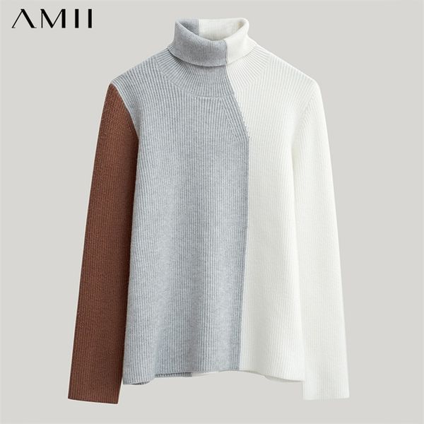 

minimalism autumn winter fashion women's sweater causal patchwork turtleneck female pullover 1440 210527, White