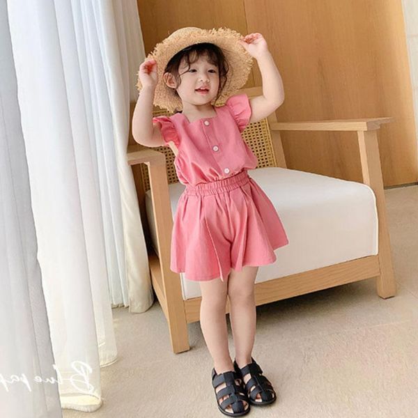

clothing sets baby girl clothes fashion sweet two-piece solid color flying sleeve sweatshirt t-shirt + five-point pants quality child, White