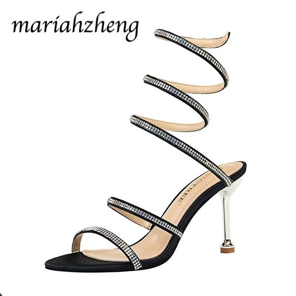 

meriahzheng 8cm club banquet women's shoes stiletto high-heel snake wrap strap ankle sandals ds 220303, Black