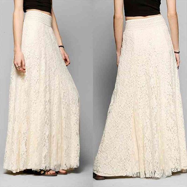 

Womens Lace Layered Hitched Maxi Skirt A Line Boho Long Asymmetric Summer, Black