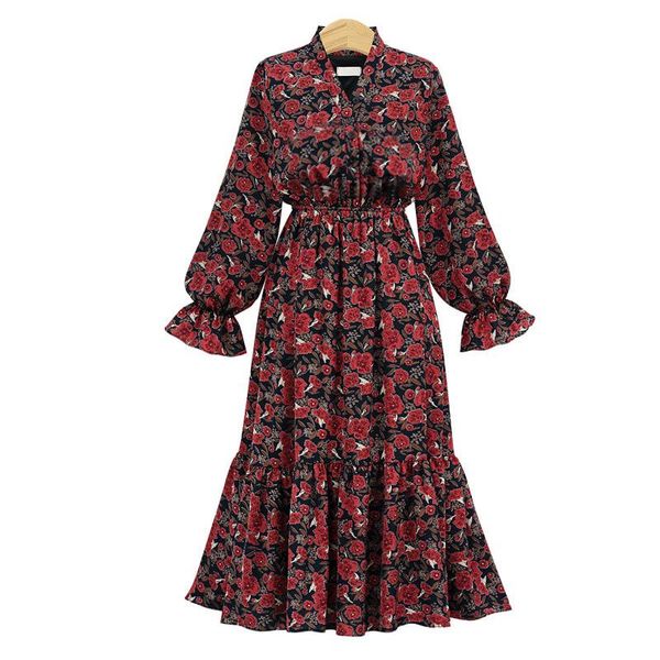 

casual dresses spring autumn women plus size fashion v-neck collect waist slim long sleeve print dress for larger one-piece, Black;gray