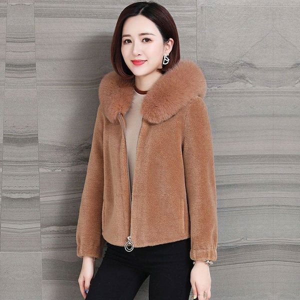 

women's wool & blends autumn winter plus size women mink coat korean imitate sheep shearing thick fox fur collar hooded loose ladi, Black