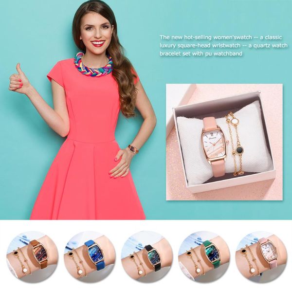 

wristwatches 2pcs/set fashion women pu leather strap wristwatch bracelet square dial retro quartz analog watch for girls friends jewelry gif, Slivery;brown