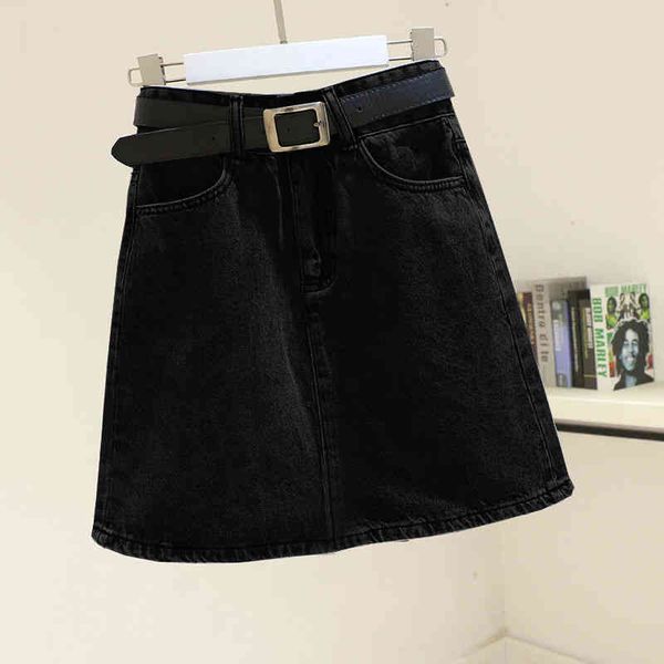 

Skirts 2022 Spring Summer Women Blue Denim Skirt Casual Female High Waist A-line Mini Jeans Black with Belt 13B9
