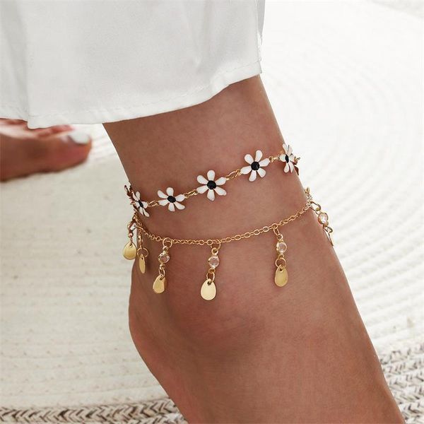 

anklets 2 pcs/set women set sweet water drop crystal tassel flower chain gold anklet fashion sandals female jewelry, Red;blue