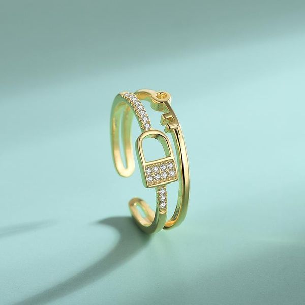 

cluster rings korean s925 sterling silver ring ins simple double layer key lock heart full of diamonds female hand jewelry wholesale, Golden;silver