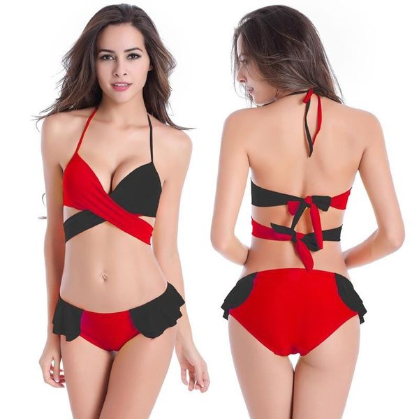 

one-piece suits 2021 fashion color matching strappy bikini two-color mixed and gathered women's split swimsuit