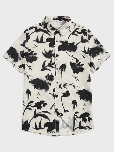 

men floral print button front shirt v120#, White;black