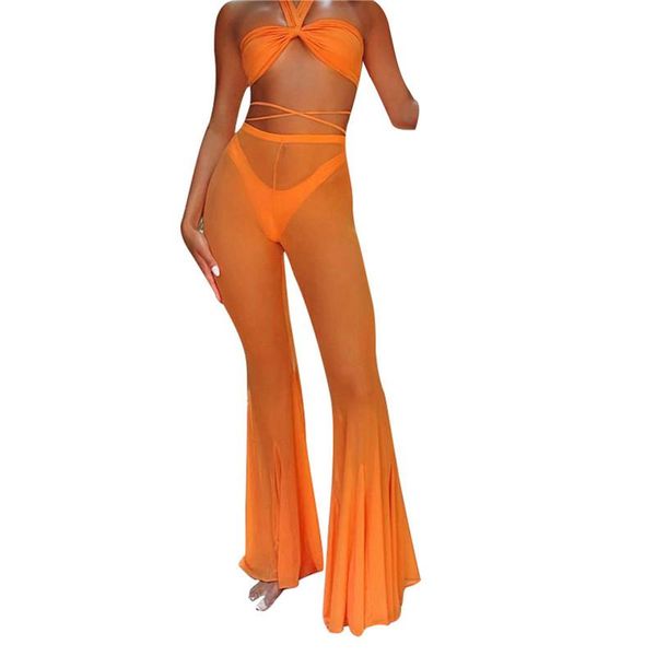 

women's pants & capris summer women see-through flared trouser solid color sheer elastic high-waist bell-bottomed bikini cover up beach, Black;white