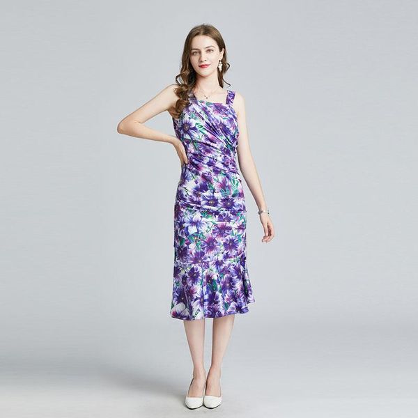 

summer runway boho flower print purple elegant dress women spaghetti strap draped ruffles party mermaid dresses 339# casual, Black;gray