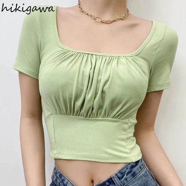 

women's t-shirt hikigawa t-shirts 2021 summer square collar vintage pleated high waist short female solid patchwork slim tshirt, White