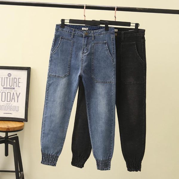 

women's jeans 2021 spring fashion high waist women ankle banded pants cotton loose elastic lady casual denim trousers for female ls008, Blue