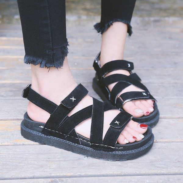 

peep toe summer flat with platform sandals women front rear strap hook loop ladies shoes casual basic, Black