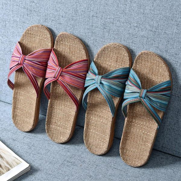 

slippers summer lovely cute casual for women female bohemia bowknot flax linen flip flops beach sandals indoor home family shoes, Black