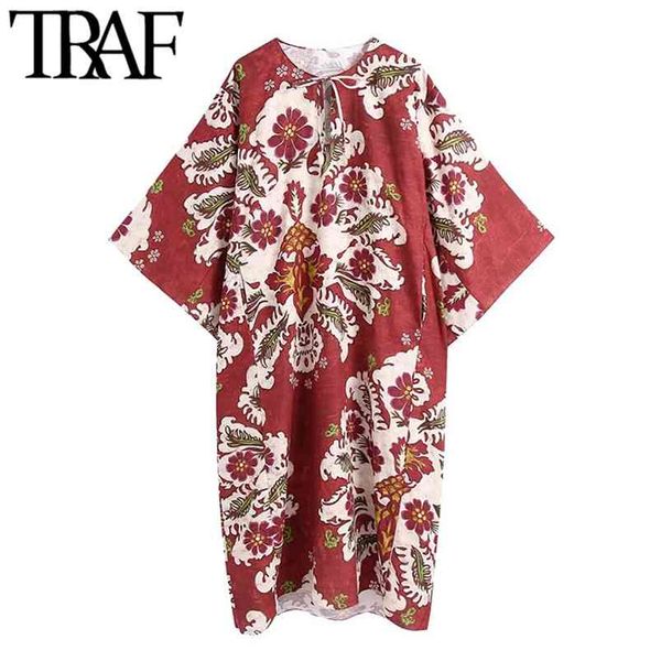 

women chic fashion printed loose linen midi dress vintage three quarter sleeve side pockets female dresses mujer 210507, Black;gray