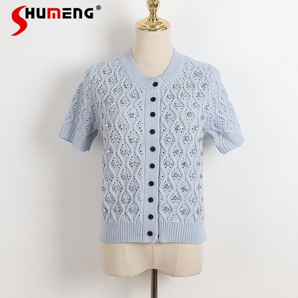 

women's knits & tees 2021 spring summer v-neck rhinestone diamond solid knitted sweater sweet hollow women cardigan short sleeve top, White