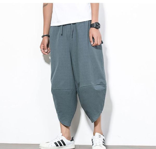 

men's pants summer cotton linen harem men casual hiphop loose trousers cross harajuku print beach short joggers streetwear m-5xl, Black