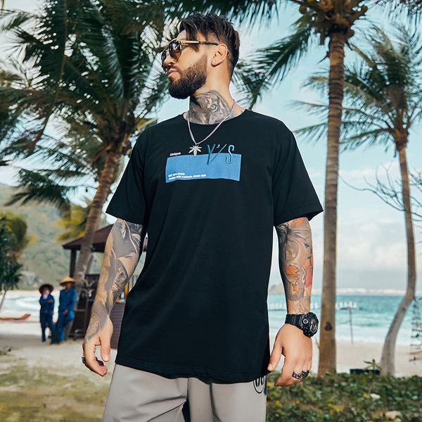 

tee 2021 letter embroidered oversized t-shirt male let down fat man's crew's neck cotton shirt clothes, White;black