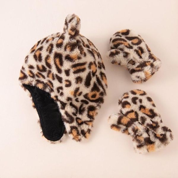 

caps & hats winter warm baby leopard pattern earflap hat gloves set cute ears beanies cap mitten kit for toddler girls boys ear protector, Yellow