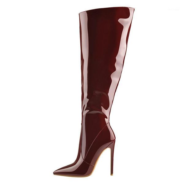 

boots richealnana women' pointed toe black and wine patent leather side zip knee winter lady high long big size1