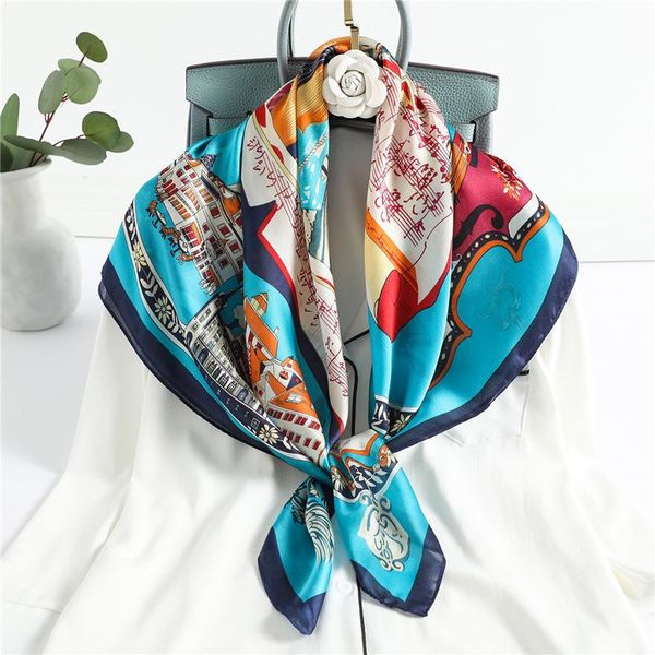

opera house pattern silk scarf female square foulard headscarf travel shawls women bandana headband 90*90cm scarves, Blue;gray