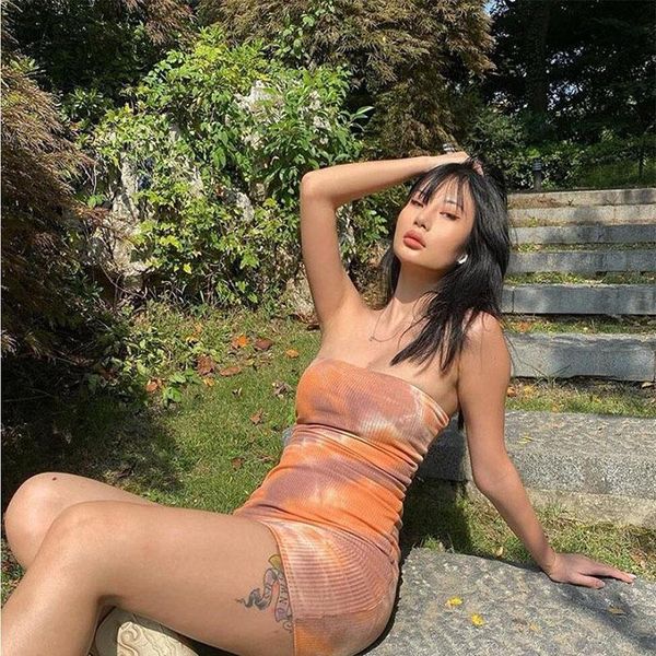 

casual dresses 2021 summer women's tie-dye print tube sleeveless street wear bodycon clubwear fashion party mini female dress, Black;gray