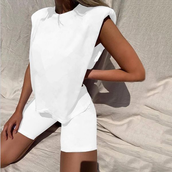 

solid elastic cotton shoulder womenpant pad shirts high waisted knee pants 2 piece set women autumn casual outfits suits, White