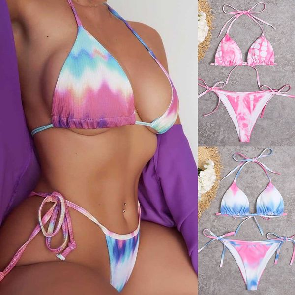 

swimsuit women comfortable bikini gradient print strappy open back split bra summer swimwear beachwear, White;black
