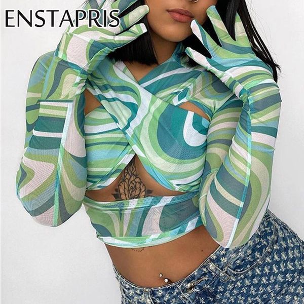 

women's t-shirt green tie dye cross bandage wrap crop shirt women with glove cut out see through mesh long sleeve t femme, White