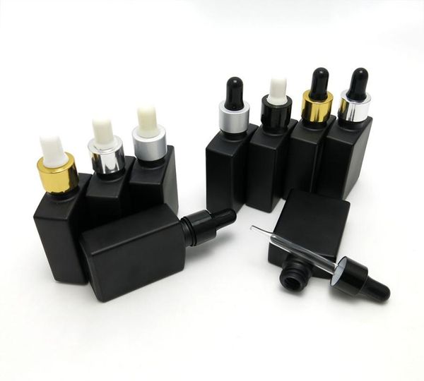 

30ml square shape frosted black glass bottle with dropper lid for e-liquid essential oil serum water skin packing storage bottles & jars