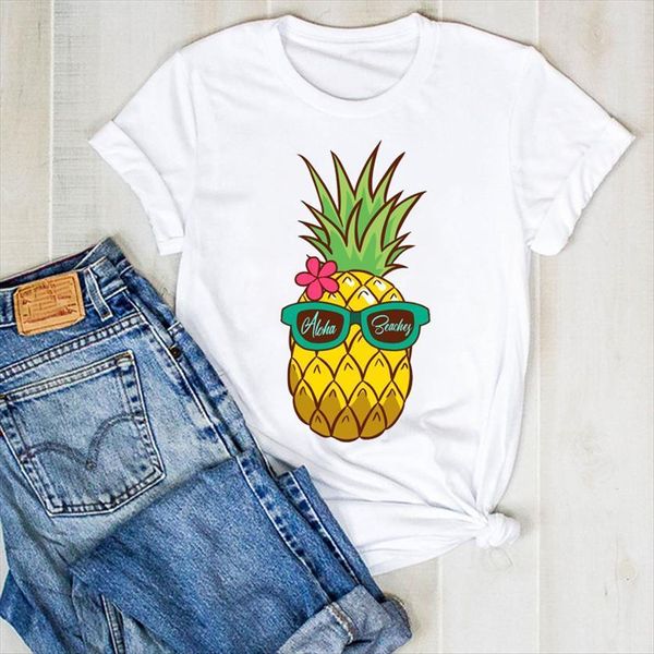 

cartoon pineapple fruit flower women floral summer tee clothes graphic, White