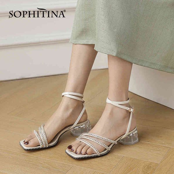

sophitina luxury female sandals crystal heel square toe ankle buckle shoes thick heel leather women shoes ao559 210513, Black