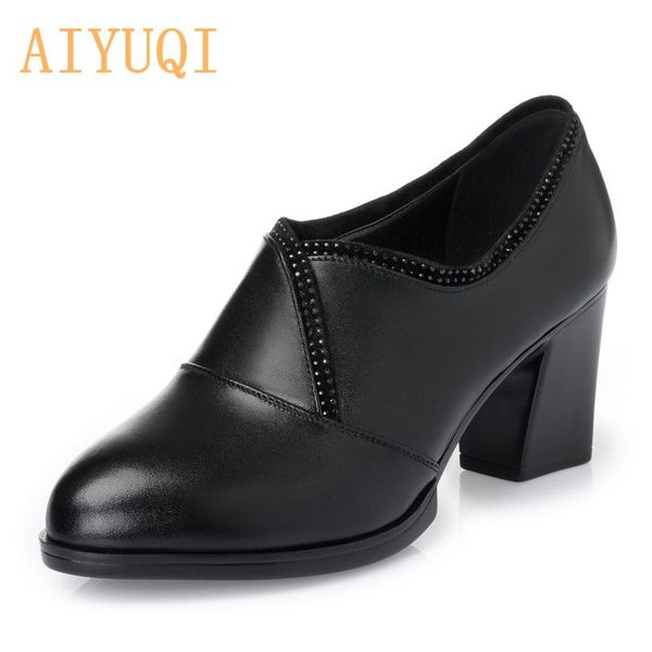 

dress shoes aiyuqi woman 2021 spring casual thick with deep mouth singles genuine leather business women, Black