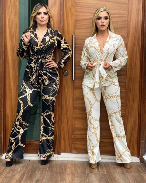 

k7073 european and american women's two piece pants printing long-sleeved trousers sport suit, White