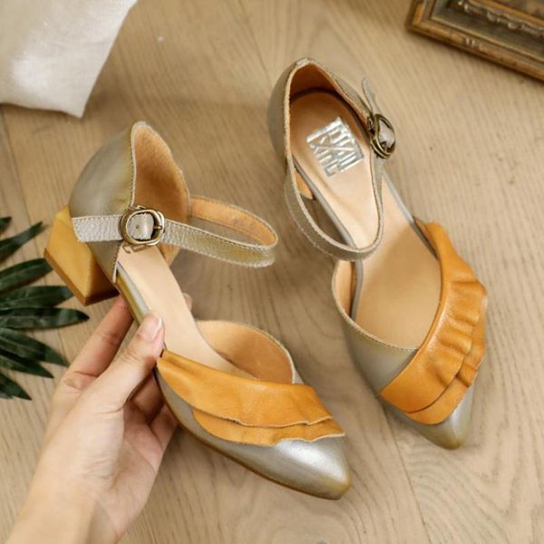 

sandals women leather pointed toe high heels retro shoes summer for handmade genuine sandals2021, Black