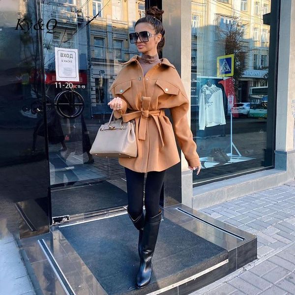 

women's wool & blends 2021 women with belt loose woolen jacket coat vintage long sleeve pocket female outerwear chic overcoat turn down, Black