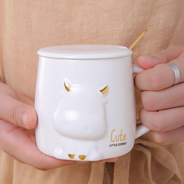 

mugs 450ml 3d relief cow coffee mug with spoon and lid creative cute animal pattern milk juice water ceramic cup gift for friends